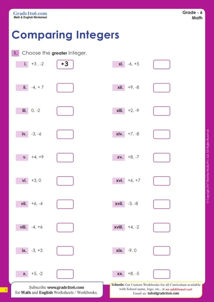 Number Theory worksheet for Sixth Grade Worksheet for comparing and ordering integers, featuring positive and negative numbers for sixth graders. Compare and Order Integers Part 1 worksheet for enhancing number theory skills.