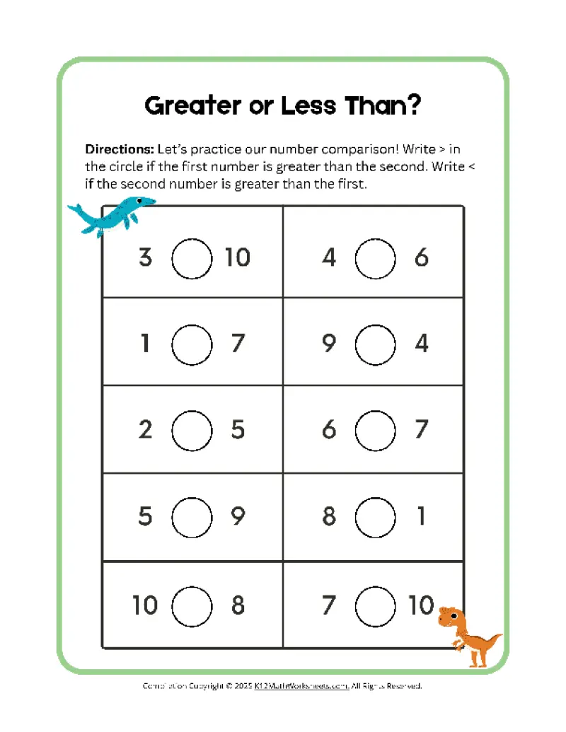 Worksheet for comparing quantities using less than and greater than symbols