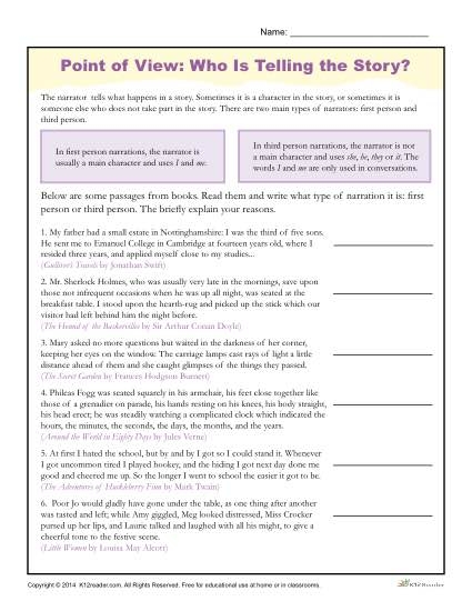Characters' Points of View Activity 18 for Elementary Reading Comprehension Second grade worksheet showing two characters with thought bubbles discussing their different viewpoints about the same event or situation