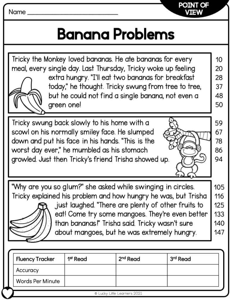 Characters' Points of View Activity for Young Readers Second grade worksheet showing two characters with speech bubbles to compare their different viewpoints about the same story event