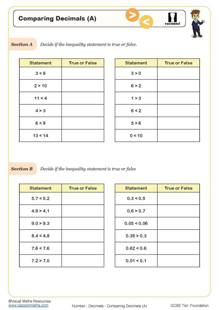 Comparing Decimals worksheet for Fifth Grade
