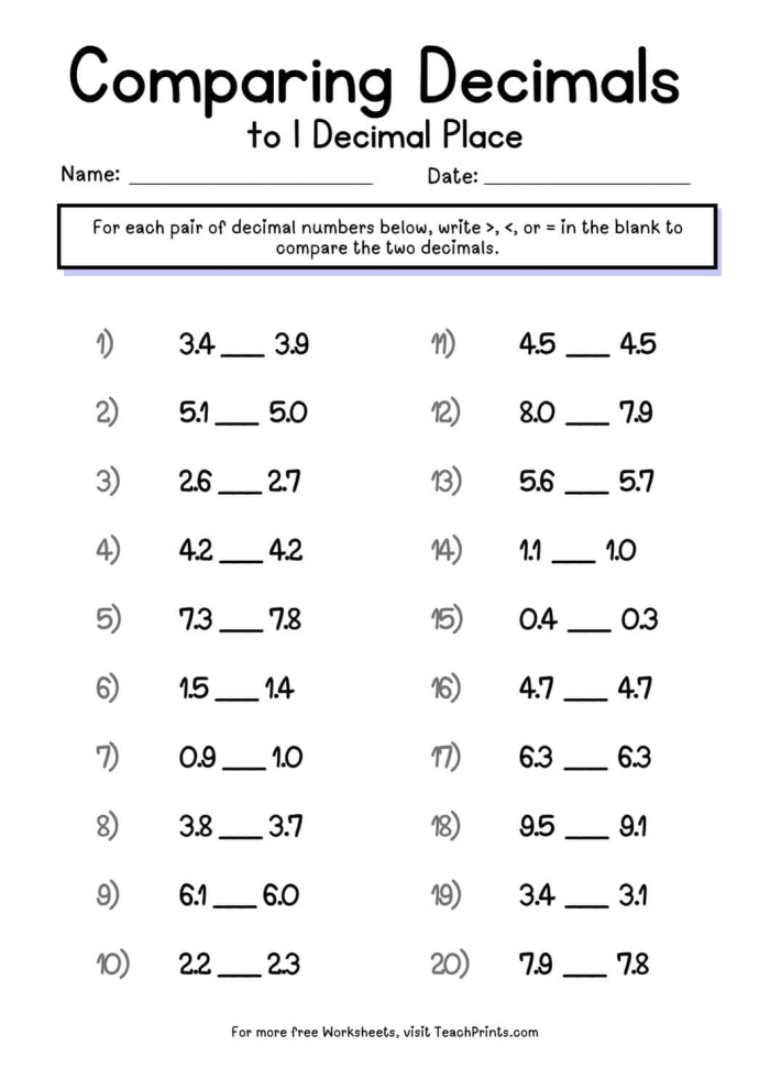 Fifth grade student completing a math worksheet on comparing and rounding decimals