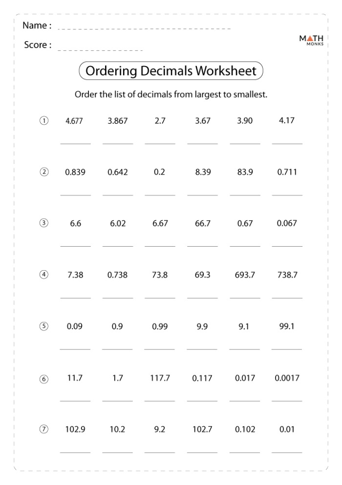 Fifth grade math worksheet showing decimal comparison and rounding practice problems for students