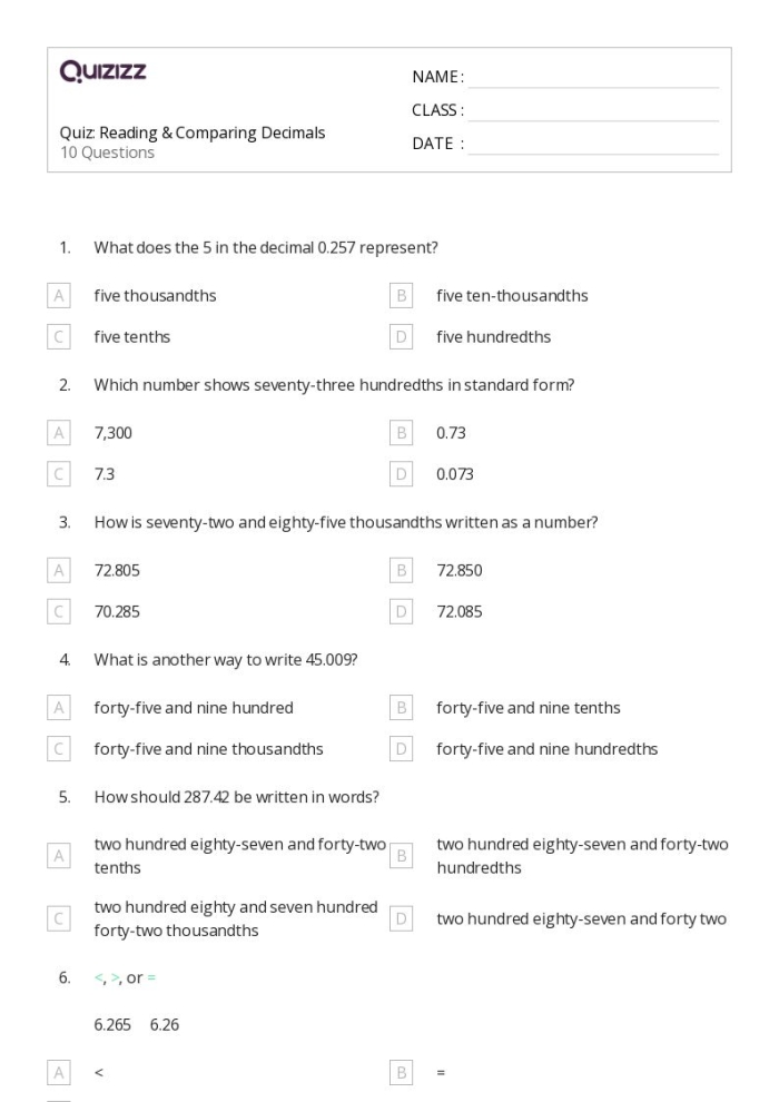 Fifth grade math worksheet showing decimal comparison and rounding practice problems for students