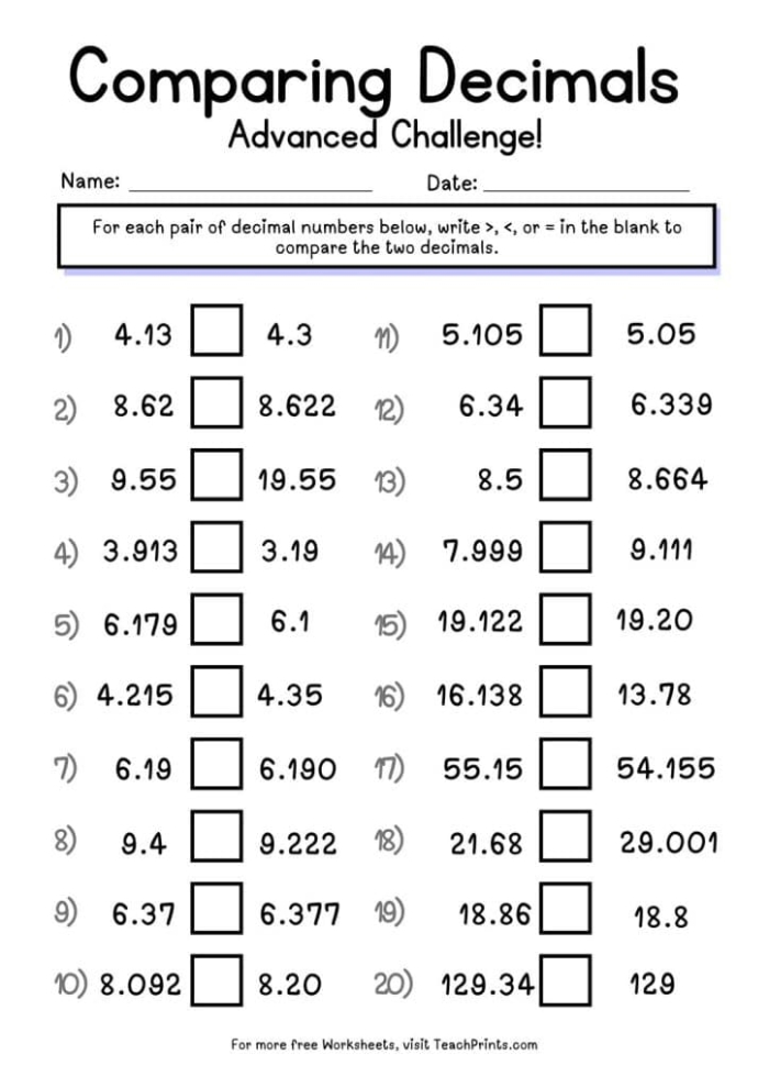 Fifth grade students comparing decimal numbers using greater than less than and equal to symbols on a math worksheet