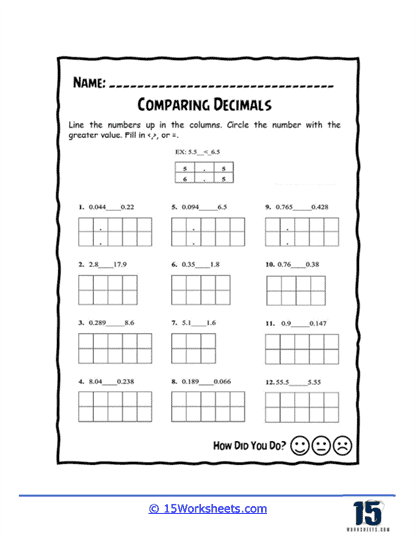 Fifth grade math worksheet showing decimal comparison and rounding practice problems for students