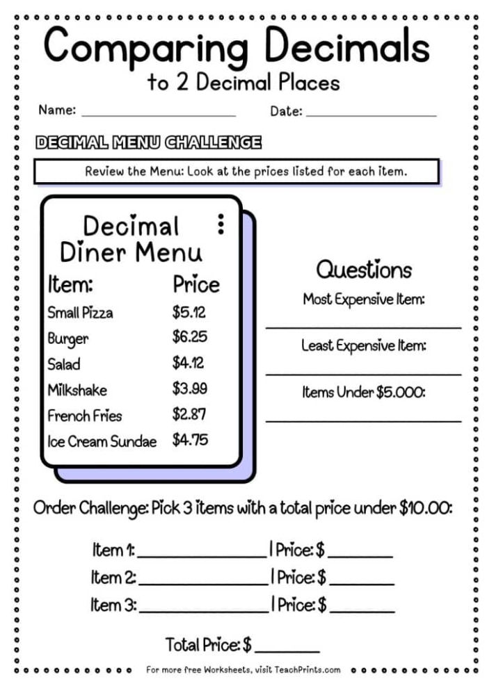 Fifth grade student worksheet for comparing and rounding decimal numbers