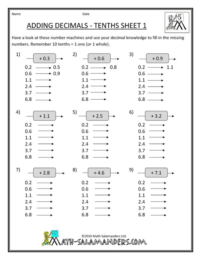 Fifth grade students practicing decimal comparison and rounding skills on a math worksheet
