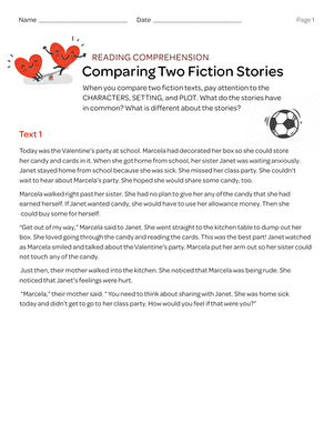Third grade student worksheet for comparing two different fiction stories