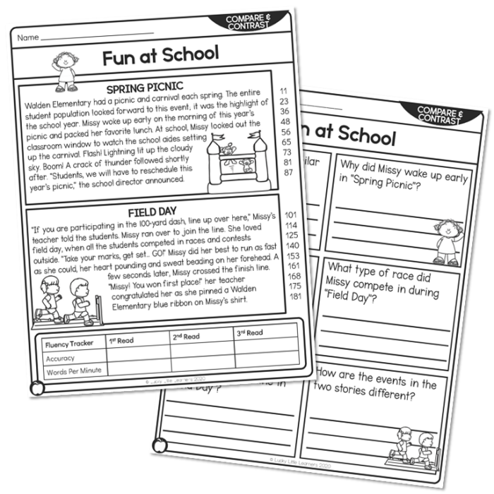Third grade students comparing characters, settings, and plots from two fiction stories on a reading worksheet