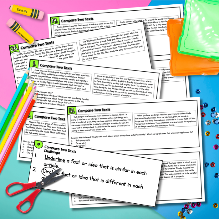 Third grade student completing a reading comprehension exercise by comparing characters and settings in two fiction stories