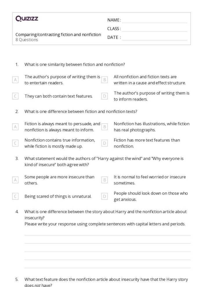 Third grade reading comprehension worksheet focused on comparing characters, settings, and plots between two different fiction stories