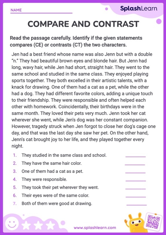 Third grade reading worksheet showing a Venn diagram activity for comparing characters, settings, and plots from two fiction stories