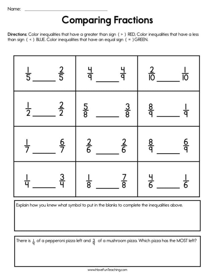 Worksheet image for comparing fractions with greater than and less than symbols