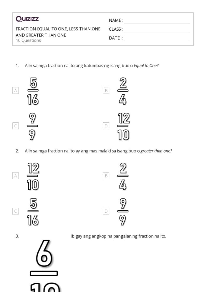 Worksheet for comparing fractions with greater than and less than symbols