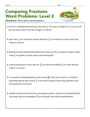 Worksheet for comparing fractions in real-world scenarios for fourth graders