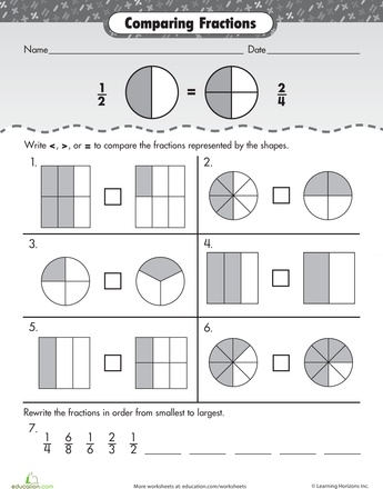 Worksheet displaying shape visuals for comparing fractions in a second-grade math lesson