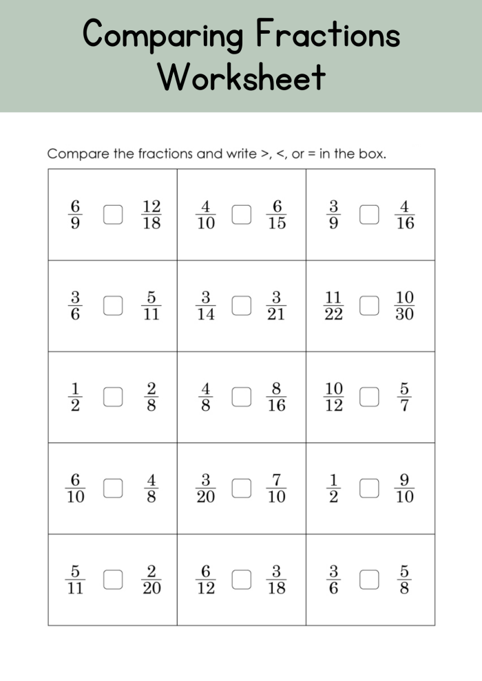 Third grade math worksheet for assessing student understanding of comparing fractions with visuals and numbers