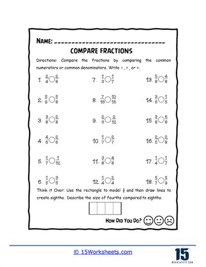 Fourth grade student working on a Greater Than or Less Than Comparing Fractions worksheet