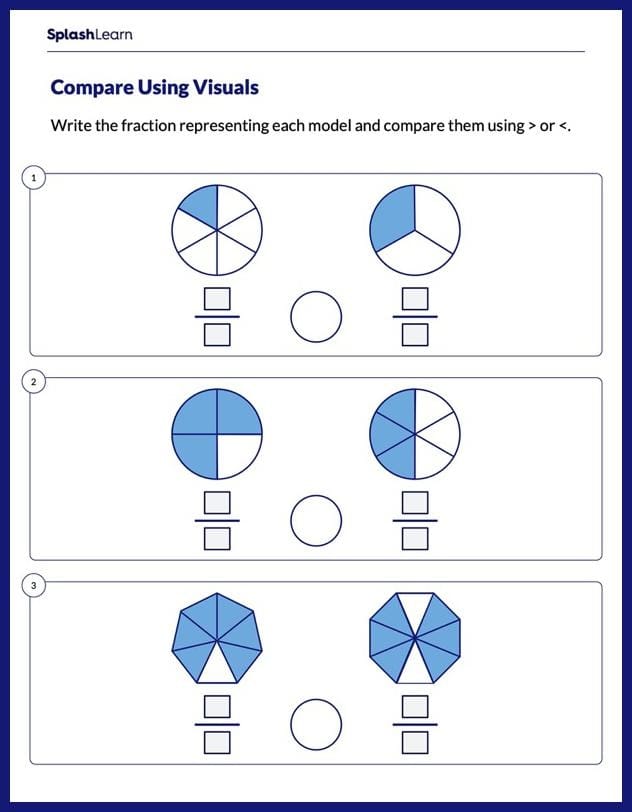 Fourth grade student working on a Greater Than or Less Than Comparing Fractions worksheet