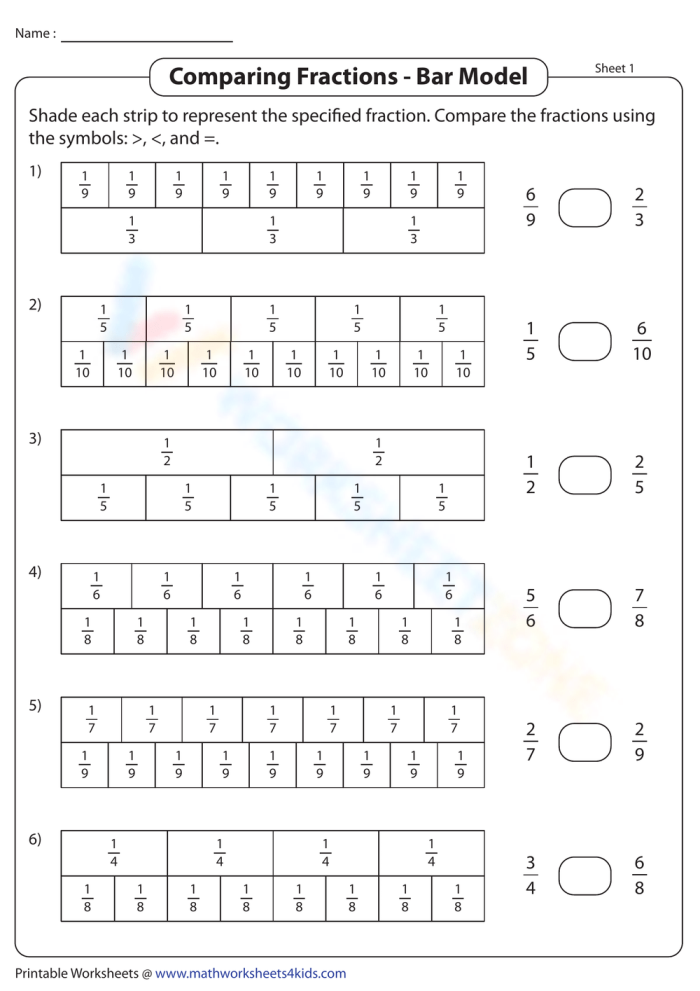 Third grade math worksheet showing fraction comparison problems with visual models and numerical exercises for assessing student understanding of comparing simple fractions like 2/5 and 2/8
