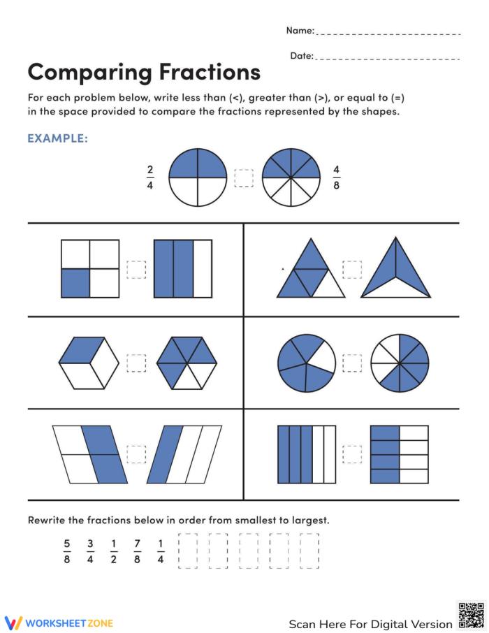 Visual representation of shapes to aid children in comparing fractions on a worksheet