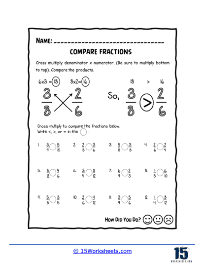 Third grade math worksheet showing visual fraction models and number comparisons for assessing student understanding of comparing fractions like 2/5 and 2/8