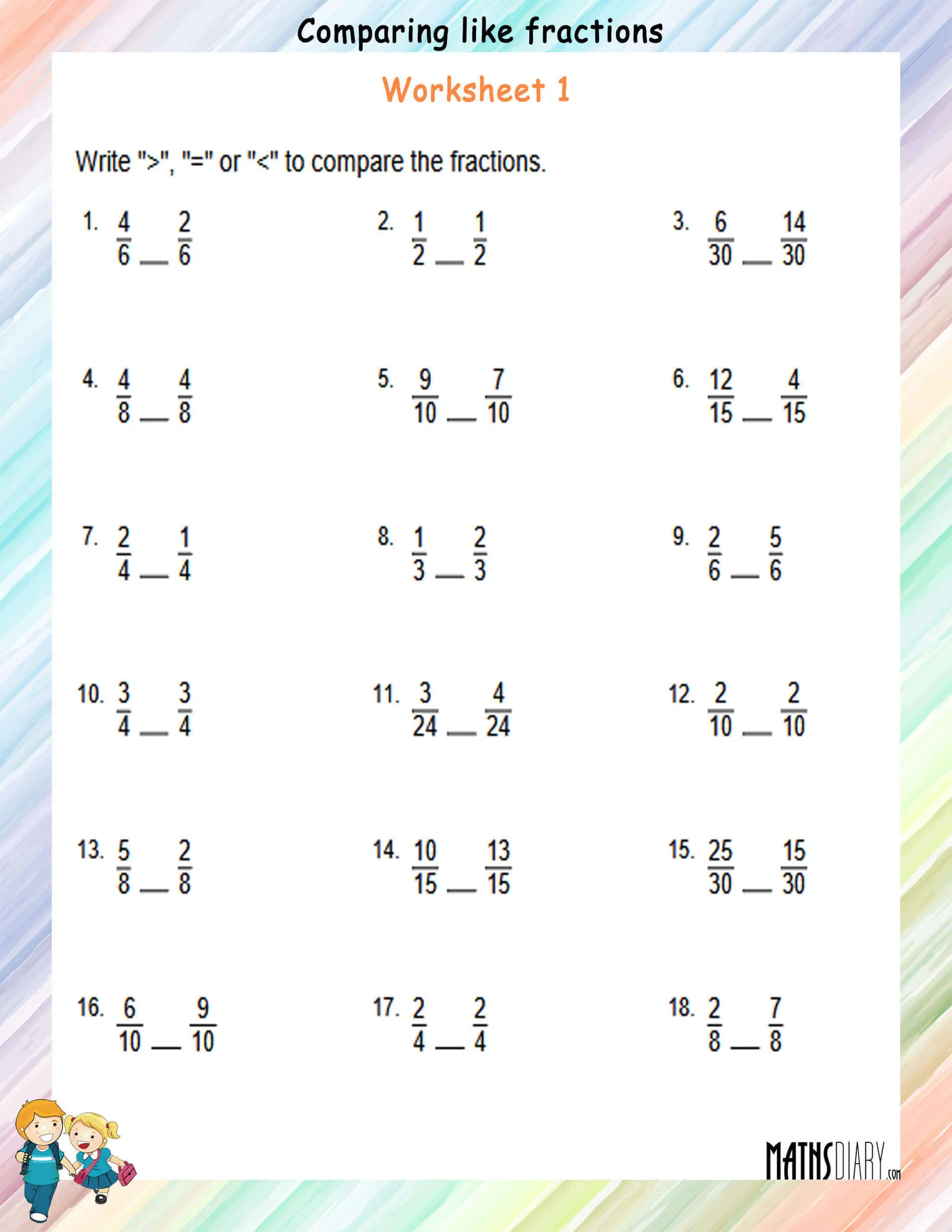 Second grade student using colorful shape visuals to compare fractions on a practice worksheet