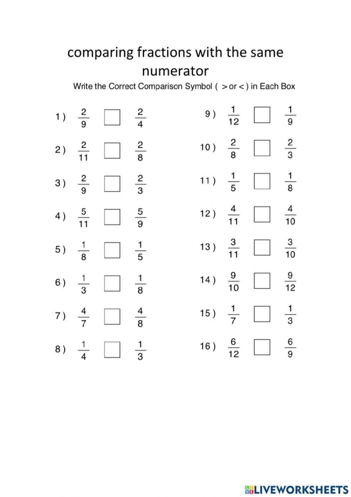 Third grade student worksheet for comparing fractions with visual models and numerical problems