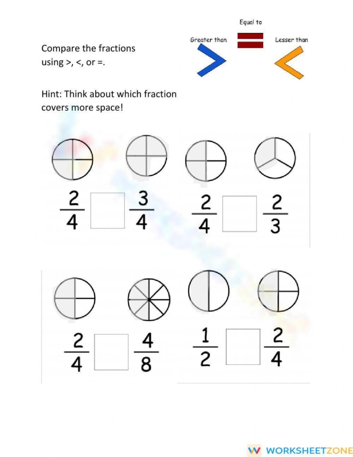 Third grade student worksheet page showing visual models for comparing fractions 2/5 and 2/8