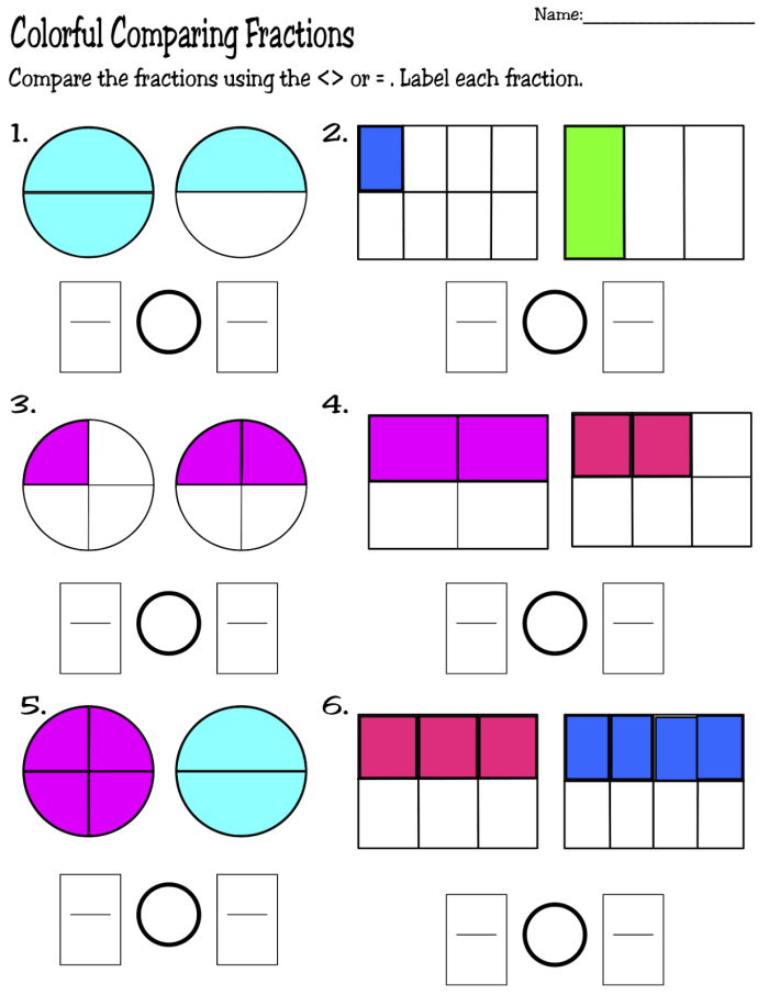 Third grade worksheet preview showing a comparison exercise between two fifths and two eighths using visual models