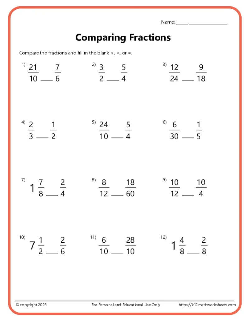 Second grade student comparing fractions using shaded shape diagrams on a practice worksheet