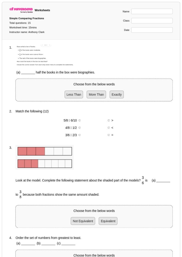 Worksheet for comparing fractions using visual shapes to aid understanding