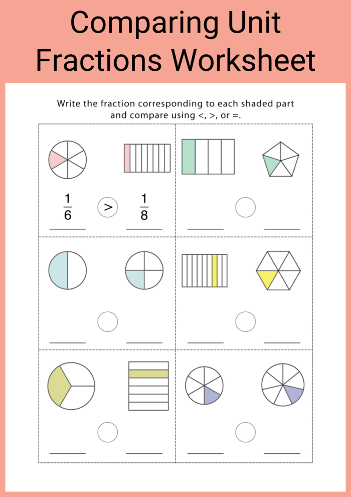 Third grade worksheet showing fraction comparison problems with visual models of 2/5 and 2/8 using divided rectangles and circles