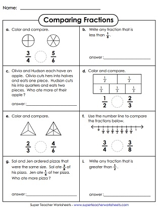 Worksheet featuring Level 2 word problems on comparing fractions with unlike denominators for fourth graders