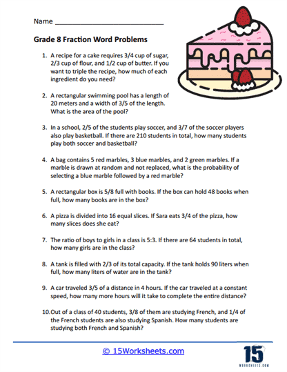 Worksheet featuring comparing fractions word problems for fourth graders
