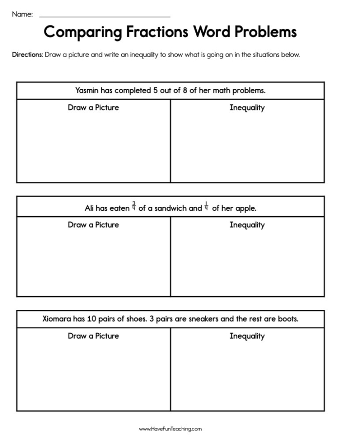 Worksheet featuring word problems on comparing fractions for fourth graders