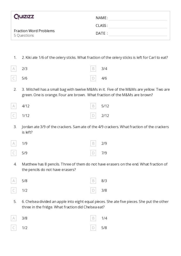 Worksheet featuring level 2 word problems for comparing fractions with unlike denominators