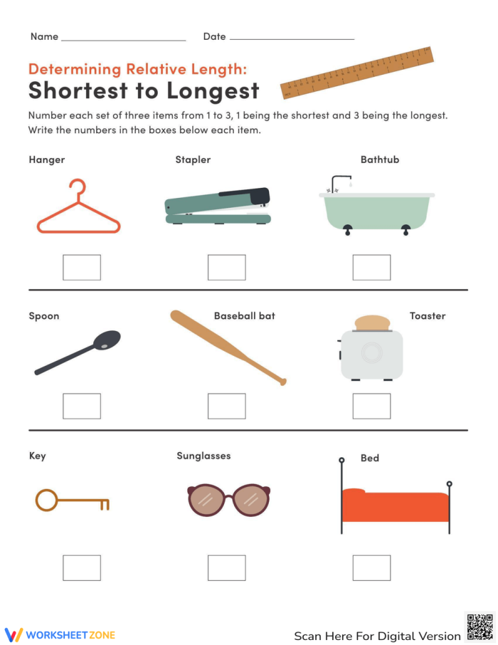 First grade students comparing and ordering objects from shortest to longest length