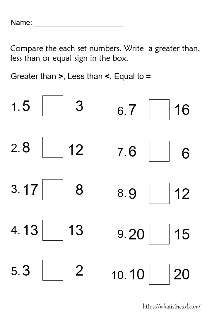 Greater Than or Less Than Comparison Practice for Young Learners First grade math worksheet showing children comparing numbers with less than and greater than symbols using visual counting aids