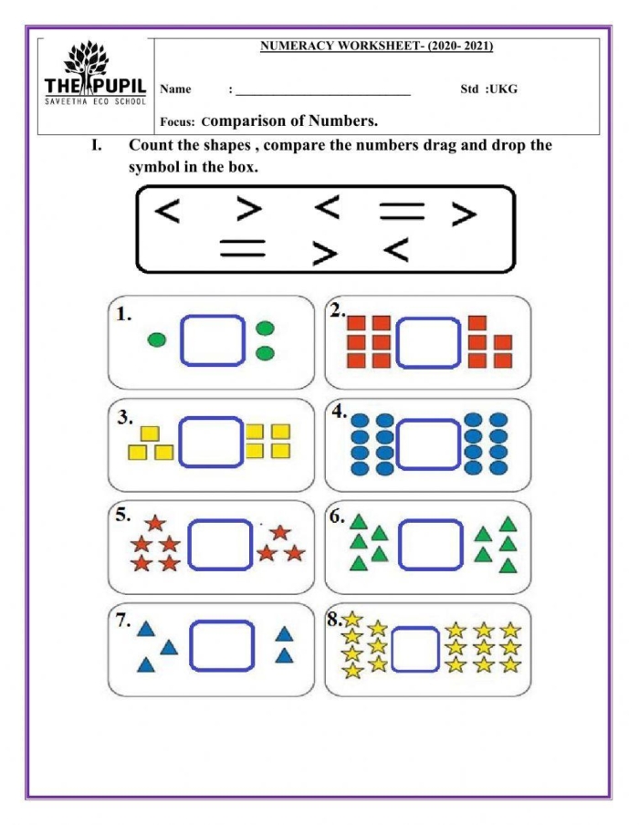 First grade student comparing numbers using greater than less than and equal to signs on a math worksheet