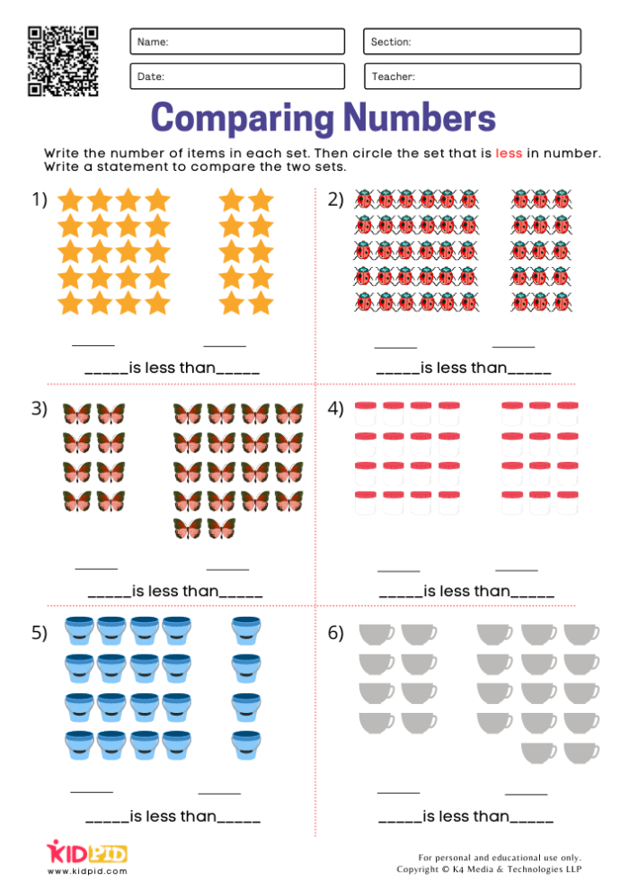 Comparing Numbers Assessment worksheet for early learners in Physical Science Worksheet featuring activities for comparing numbers and quantities from 0 to 10 for Pre-K students
