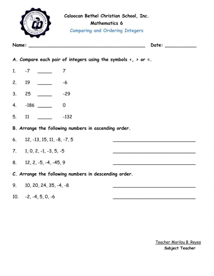 Compare and Order Integers Part 1 Worksheet 24 Number Theory Practice Sixth grade math students comparing and ordering integers worksheet 24