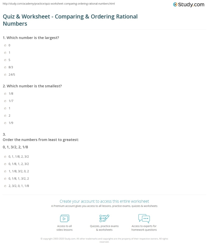 Comparing and Ordering Rational Numbers Part 1 Worksheet - Image 23 Worksheet for comparing and ordering rational numbers including fractions, decimals, and mixed numbers
