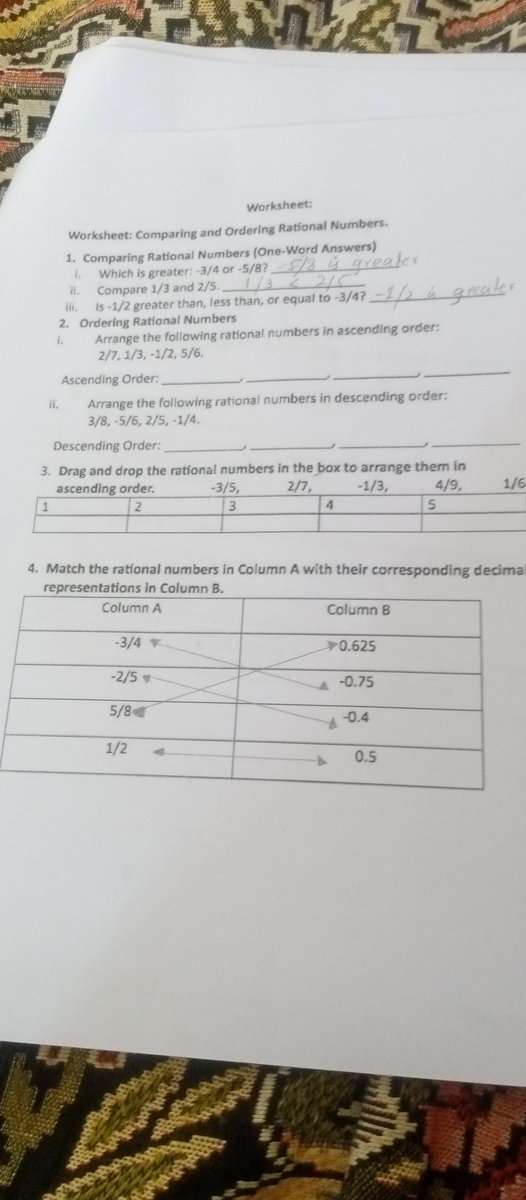 Geometry worksheet for Sixth Grade Worksheet for comparing and ordering rational numbers, featuring fractions, decimals, and mixed numbers. Comparing and Ordering Rational Numbers Part 1 worksheet for sixth grade students.
