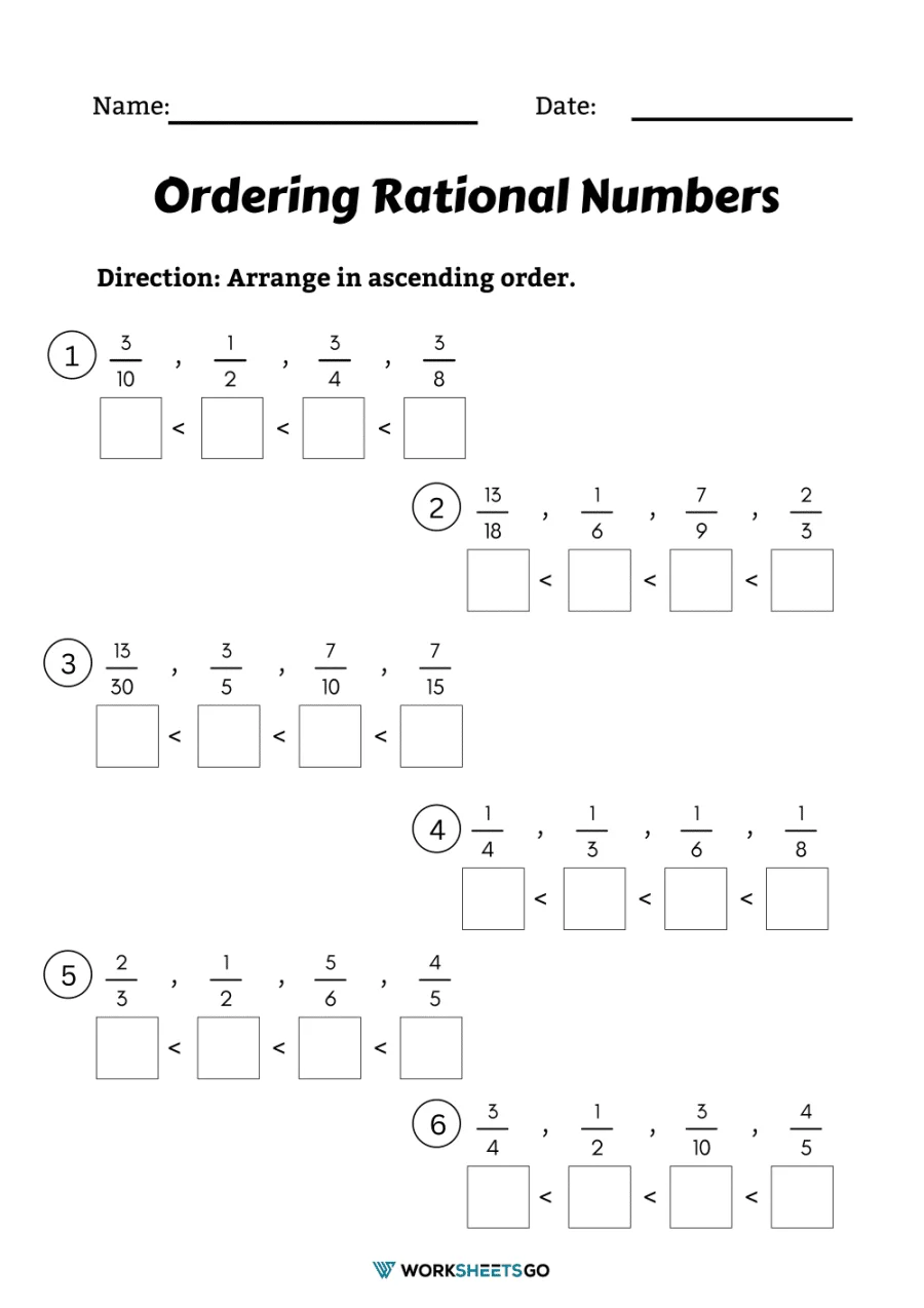Geometry worksheet for Sixth Grade Worksheet for comparing and ordering rational numbers, including fractions, decimals, and mixed numbers. Comparing and Ordering Rational Numbers Part 1 Worksheet for Sixth Grade Geometry.