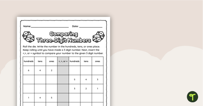 Three digit number comparison assessment activity for elementary math learners Second grade students comparing three digit numbers with greater than less than and equal to symbols on a math check-in worksheet