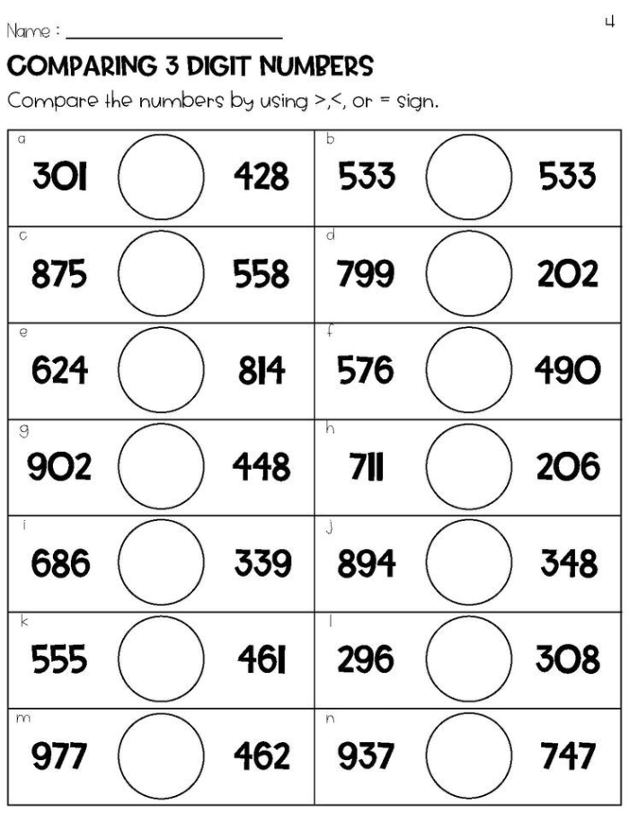 Quick check-in activity for evaluating student comprehension of three digit number comparisons Second grade students comparing three digit numbers using greater than and less than symbols on a math assessment worksheet