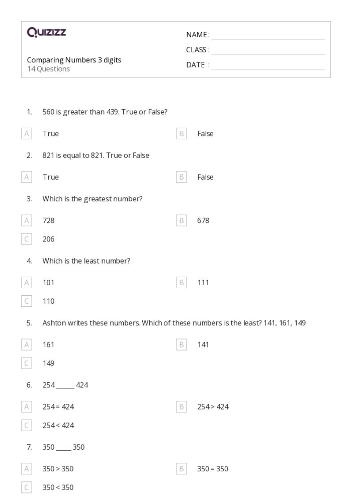 Comparing Three Digit Numbers Check-in Worksheet 1 Second grade math worksheet featuring a three-digit number comparison assessment