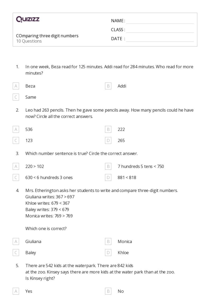Quick check-in activity for evaluating student comprehension of comparing three digit numbers in second grade mathematics Second grade students comparing three digit numbers with greater than less than and equal to symbols on a math assessment worksheet